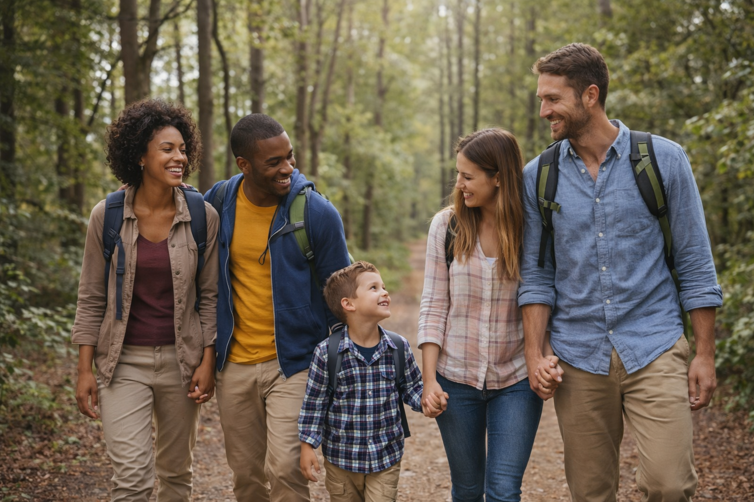 Two couples and a child enjoying a walk together outdoors